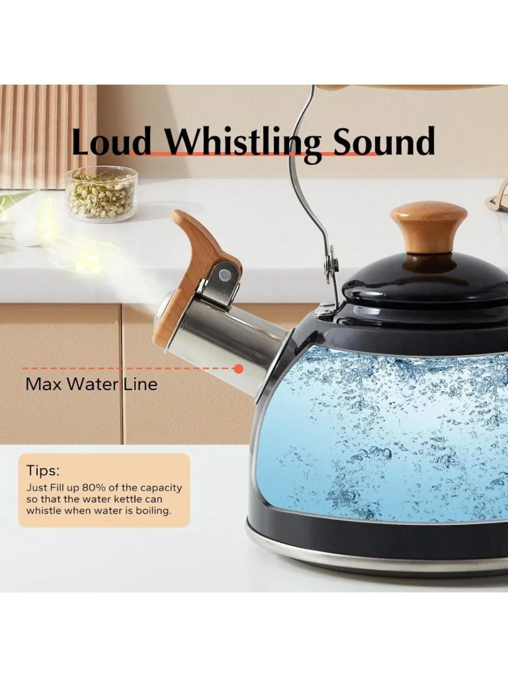 ROCKURWOK 1.6 Quart Black Whistling Tea Kettle Stainless Steel Stovetop Tea Pot